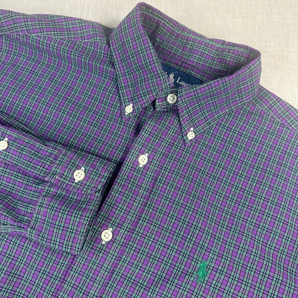 Ralph Lauren Button Down Mens Small Purple Plaid Classic Fit Long Sleeve Cotton